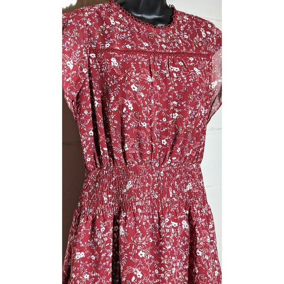 Citrus Tiered Ruffled Dress Floral Print Maroon Smocked Waist Sleeveless Small - Picture 2 of 5